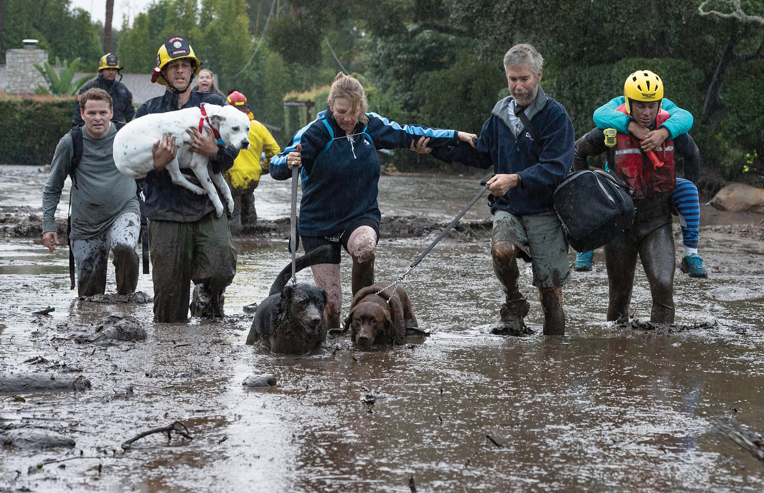 Firefighters and evacuated residents and dogs alike all struggle in knee-deep mud after Montecito, Calif. was hit with devastating mudslides on Jan. 9, 2018. Reports said at least 20 people were killed during the tragic event caused by torrential rain washing out hillsides, which were scorched bare by wildfires the month before. (Kenneth Song/Santa Barbara (Calif.) News-Press)