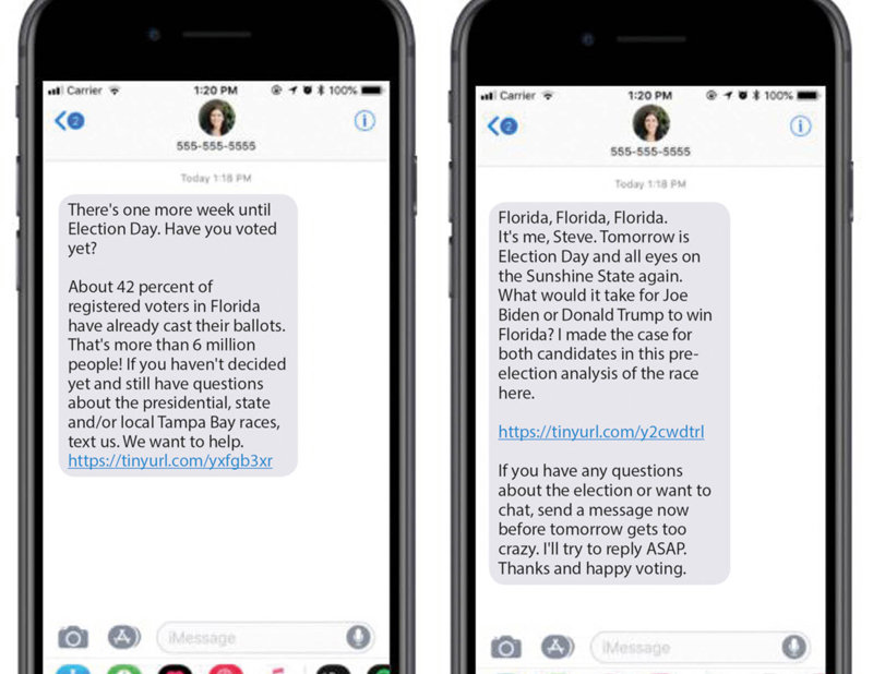 The Tampa Bay Times reminds readers to vote in this ConText 2020 text message.