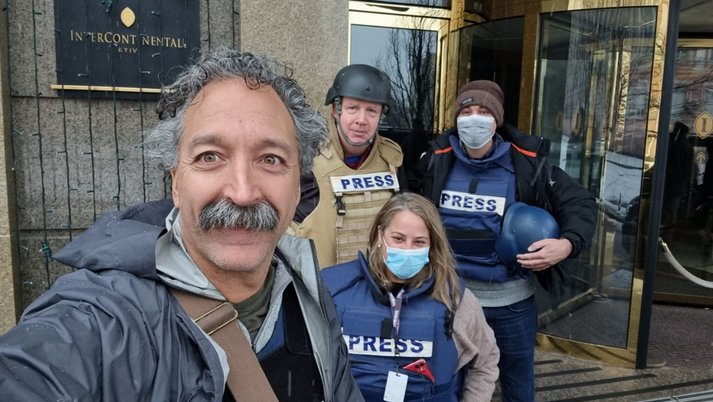 Fox News cameraman Pierre Zakrzewski, left, is photographed with correspondent Steve Harrigan, second from left, and senior field producers Yonat Frilling, second from right, and Ibrahim Hazboun, right, in Kyiv, Ukraine. (Fox News)