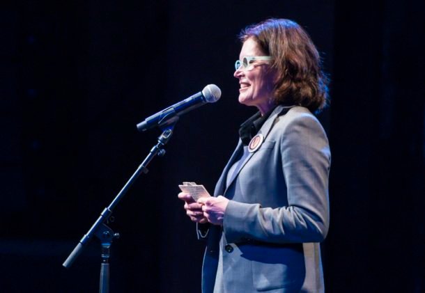 Anne Galloway. founder and editor of VTDigger, speaks before Democratic presidential candidate John Hickenlooper is interviewed by Jen Kimmich, co- founder of The Alchemist brewery, at an event hosted by VTDigger at the Flynn Theater in Burlington on Saturday, March 23, 2019. (Photo by Glenn Russell / VTDigger)