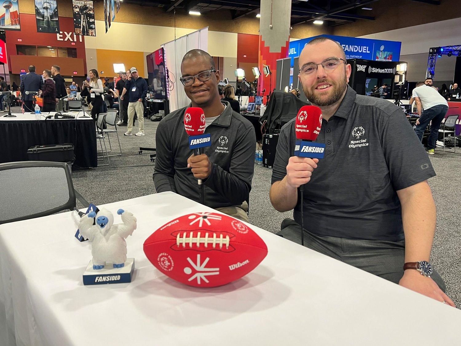 Special Olympics Florida athlete and sportscaster Malcom Harris-Gowdie is joined by FanSided’s Matt Verderame on Super Bowl’s Media Row. (left to right)