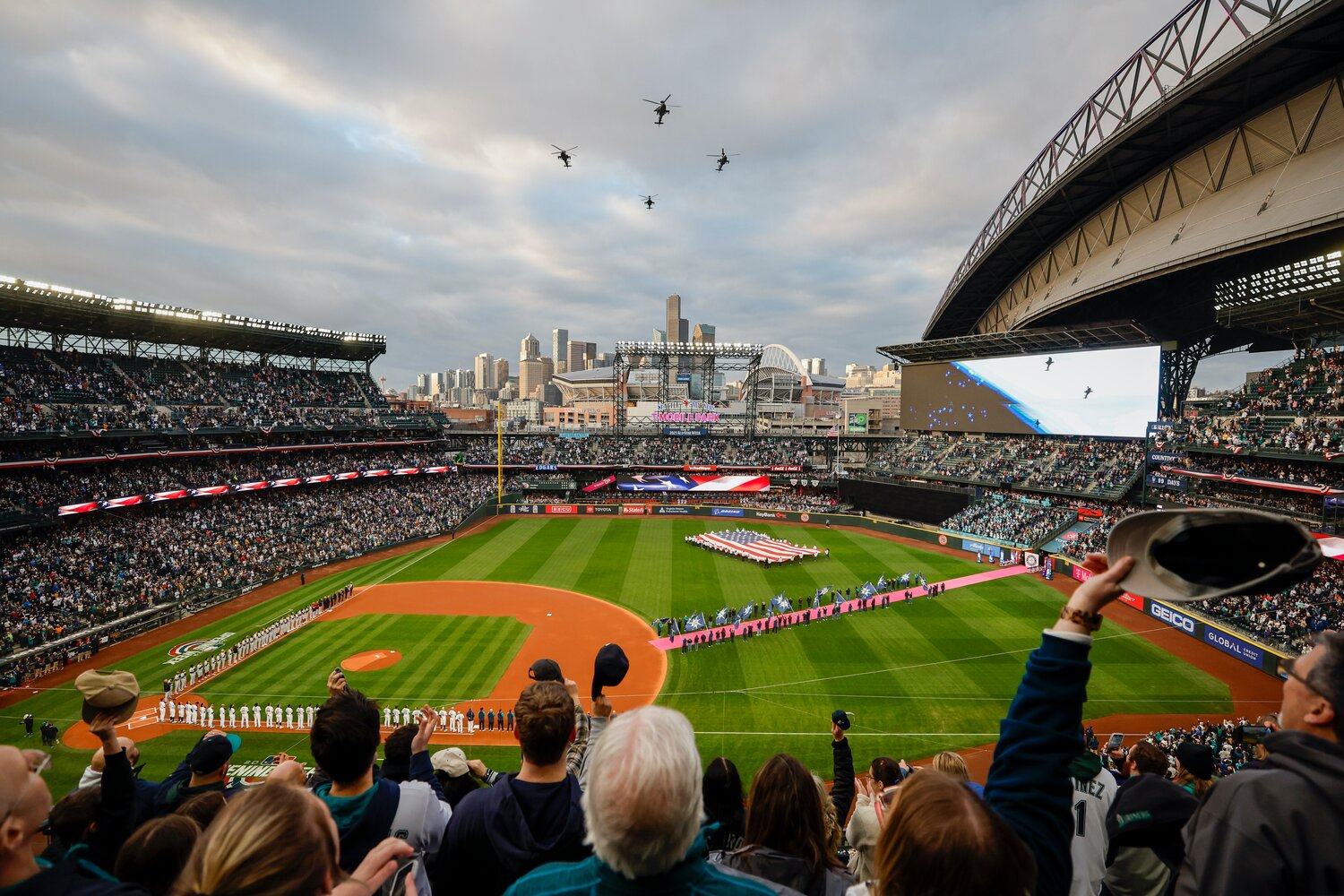 Mar 30, 2023; Seattle, Washington, USA; General view of T-Mobile Park during the national anthem before an Opening Day game between the Cleveland Guardians and Seattle Mariners. Mandatory Credit: Joe Nicholson-USA TODAY Sports