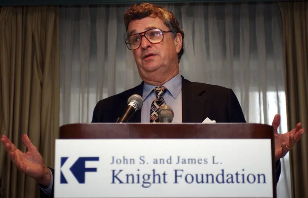 Hodding Carter III, president, CEO and trustee of the John S. and James L Knight Foundation, answers a question during a news conference in Washington, Monday, Nov. 24, 2003. Carter III, a Mississippi journalist and civil rights activist who updated Americans on the Iran hostage crisis as U.S. State Department spokesman and won awards for his televised documentaries, has died. His daughter, Catherine Carter Sullivan, confirmed that he died Thursday, May 11, 2023, in Chapel Hill, North Carolina. (AP Photo/Susan Walsh, File)